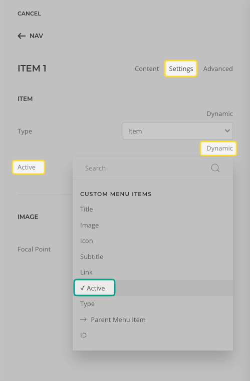 custom menu item active dynamic content