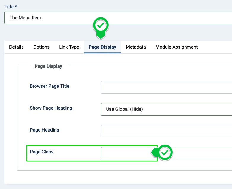 page class joomla menu item